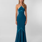 Alessandra Dress in Teal – fitted halter maxi gown with turquoise contrast trim and flared mermaid skirt.