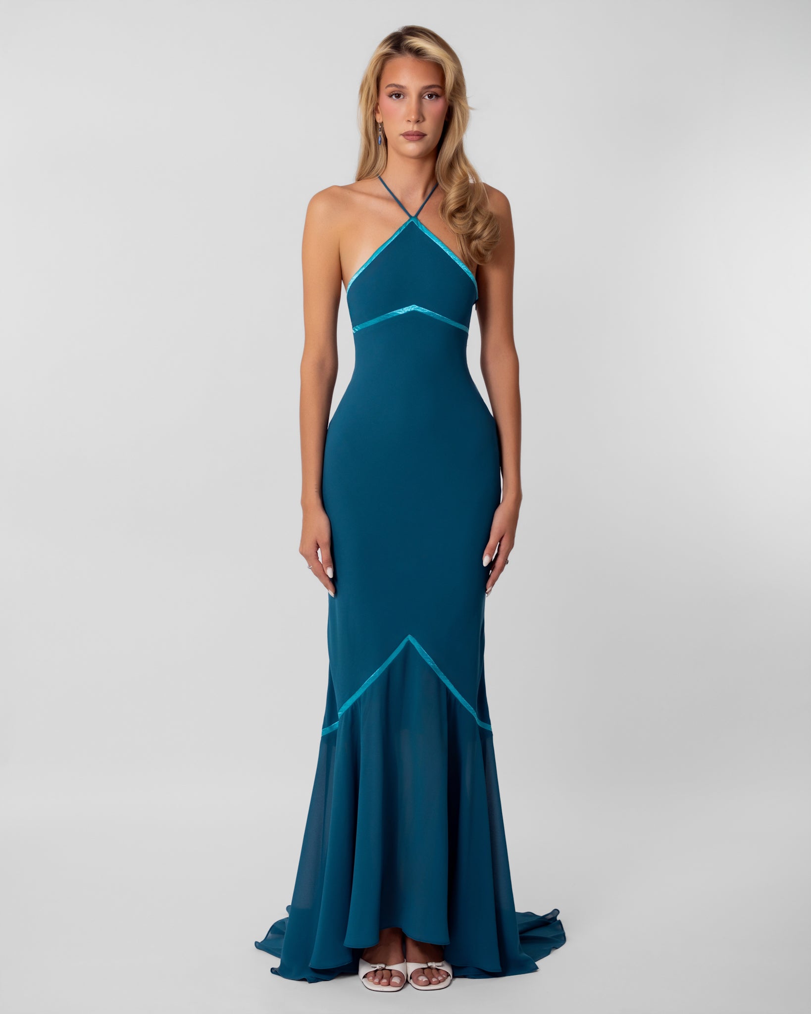 Alessandra Dress in Teal – fitted halter maxi gown with turquoise contrast trim and flared mermaid skirt.